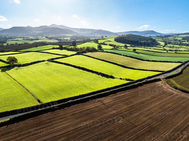 Fields and Farms over River Usk from a drone, Brecon, Brecon Beacons, Powys, Wales, England, United Kingdom, Europe
