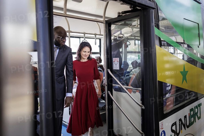 Annalena Bärbock (Alliance 90/The Greens), Federal Foreign Minister, photographed during a trip on a BRT bus of the Bus Rapid Transit (BRT) local transport system in Dakar, 15 July 2024
