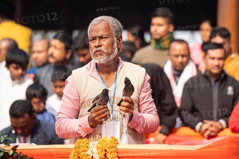 Hajo, India. 15 January 2024. Bird owners hold red-vented bulbuls before fighting during a traditional bird fighting game on the occasion of Magh Bihu or Bhogali Bihu at Hayagrib Madhab temple