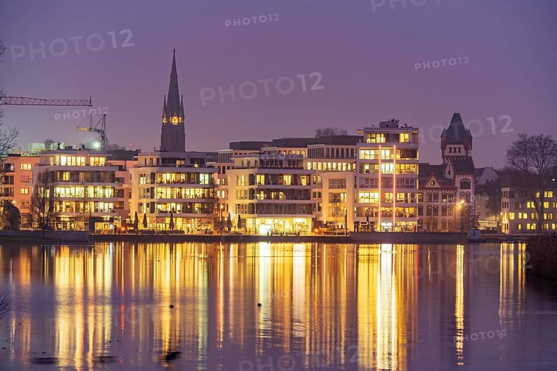 Lake Phoenix at dusk in Dortmund, North Rhine-Westphalia, Germany, Europe