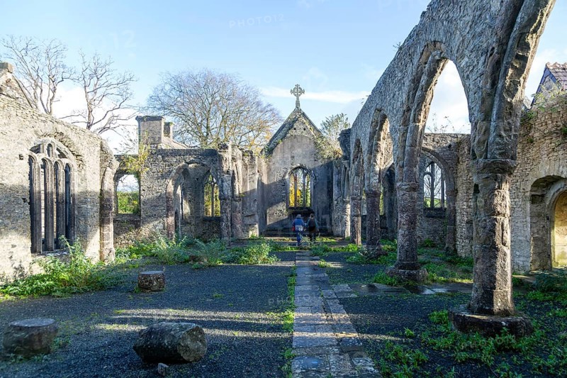 Ruins of Holy Trinity church, Buckfastleigh, north Devon, England, UK destroyed by fire in 1992
