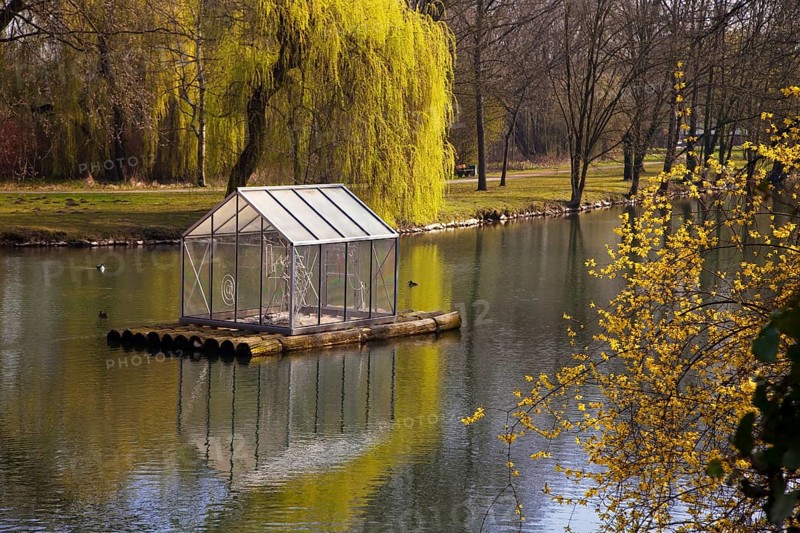 The River Lippe at Laumannshügel with the artwork Arche by Christoph Hildebrand, Lippstadt, North Rhine-Westphalia, Germany, Europe