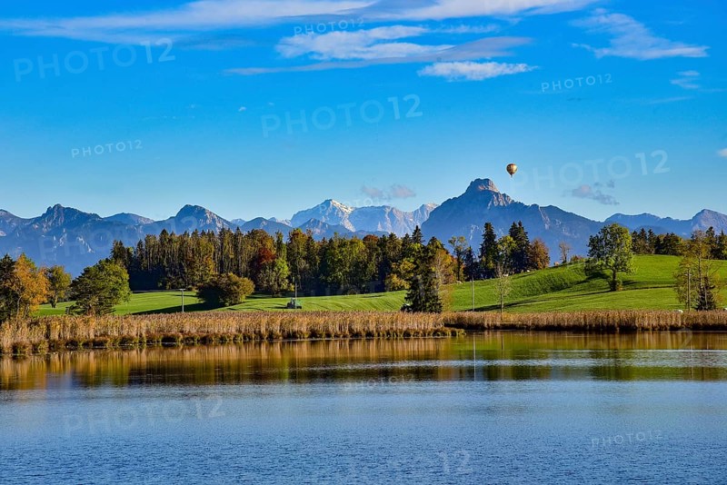 Mountain panorama at Grundweiher near Rückholz, in the background on the right Säuling (2047 m), on the left Zugspitze (2962 m) in Ostallgäu, Bavaria, Germany, Europe