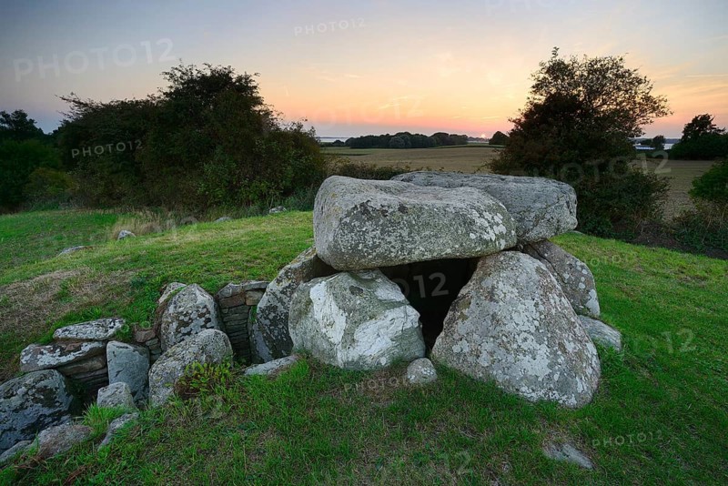 The Sprove dolmen at sunset, Sprove, Møn Island, Denmark, Europe