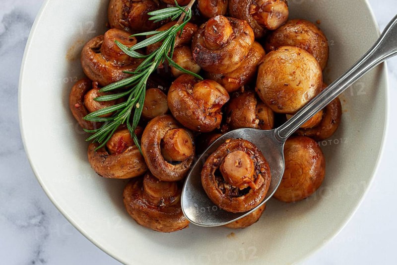 Fried mushrooms, with spices, in soy sauce, vegetarian food, homemade, no people