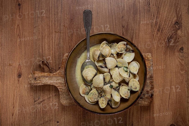 Vongole clams, in cream sauce, homemade, top view, no people
