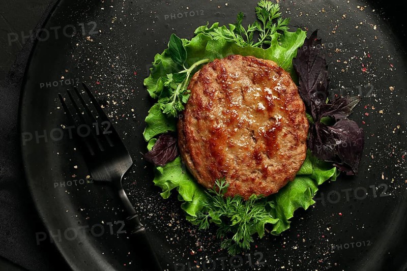 Fried beef patties, top view, no people