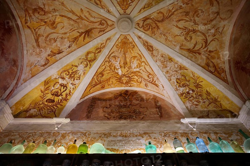 Interior view, ceiling of the monastery pharmacy of the Charterhouse, Iglesia de la Cartuja, Real Cartuja (Royal Carthusian Monastery), Valldemossa, Tramuntana Mountains, Serra de Tramuntana, Majorca, Balearic Islands, Balearic Islands, Spain, Europe
