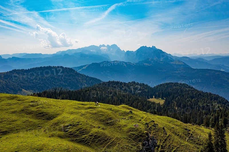 Drone shot, At the summit of the Taborberg with a view of the Dachstein massif, Osterhorn group, Salzkammergut, Salzburg province, Austria, Europe
