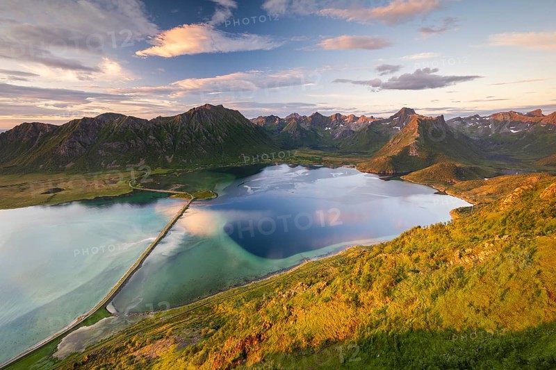 Fjord and mountains of the island Austvågøya, Grunnførfjorden, Lofoten, Norway, Europe
