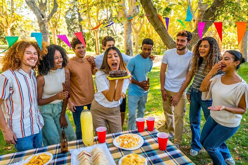Caucasian young woman blowing candles of a birthday chocolate cake celebrating birthday with diverse friends in a park