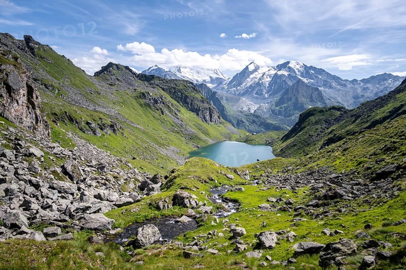 Mountain stream and mountain lake Lac de Louvie with glaciated summit of the Grand Combin, Val de Bagnes, Valais, Switzerland, Europe
