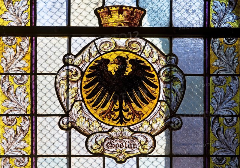 Stained glass window with the city coat of arms in the market church of St Cosmas and Damian, Goslar, UNESCO World Heritage Site, Lower Saxony, Germany, Europe