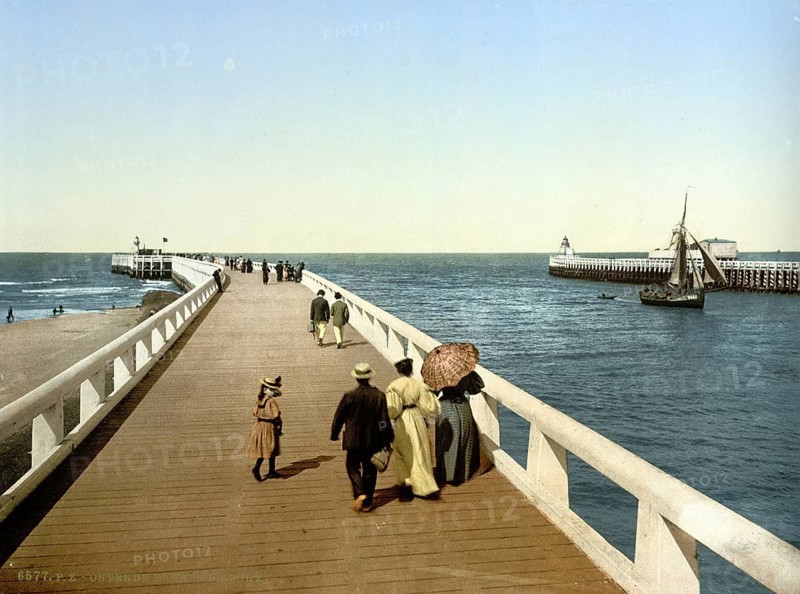 Harbour entrance in Ostend, Belgium, ca 1895, Historical, digitally restored reproduction from a 19th century original, Record date not stated, Europe