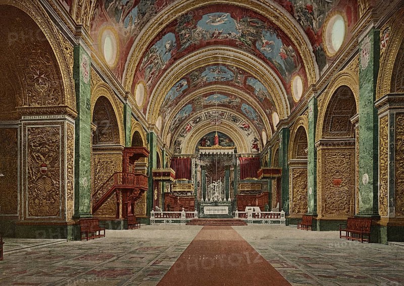 Interior, St. John's Co-Cathedral, the cathedral of the Roman Catholic Archdiocese of Malta in Valletta, 1890, Historic, digitally restored reproduction from a 19th century original, Record date not stated