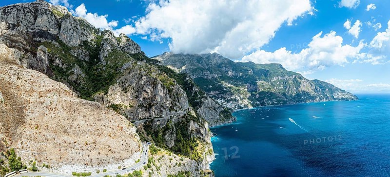 Panorama of Amalfi Drive from a drone, Amalfi Coast, Positano, Italy, Europe