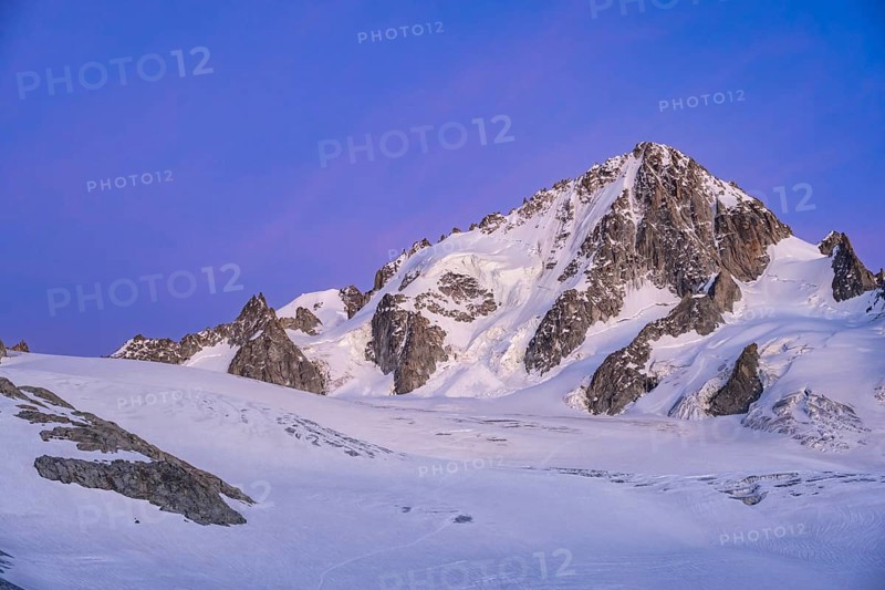 High alpine mountain landscape at sunset, Glacier du Tour, glacier and mountain peak, summit of the Aiguille de Chardonnet, Chamonix, Haute-Savoie, France, Europe