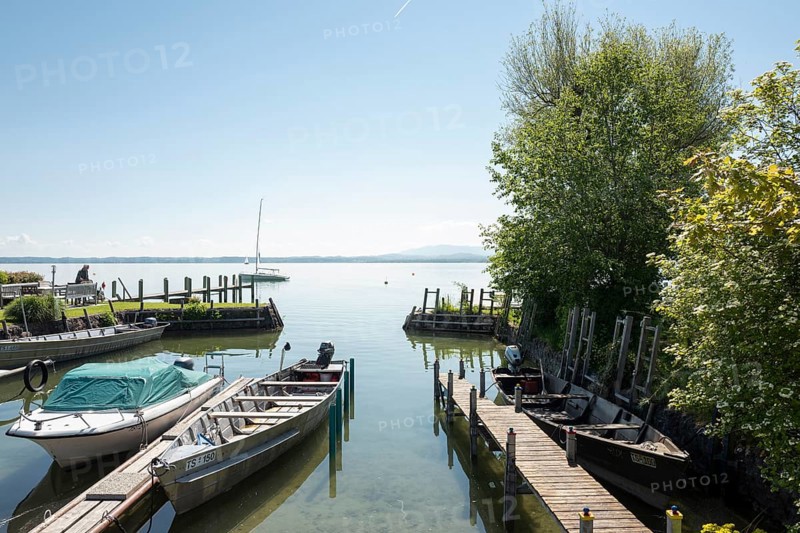 Jetty on the eastern shore of Fraueninsel, Chiemsee, Bavaria, Germany, Europe
