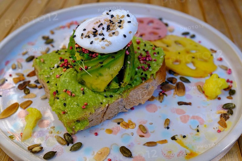 Avocado bread with egg, Breakfast, Food, Barcelona, Catalonia, Spain, Europe