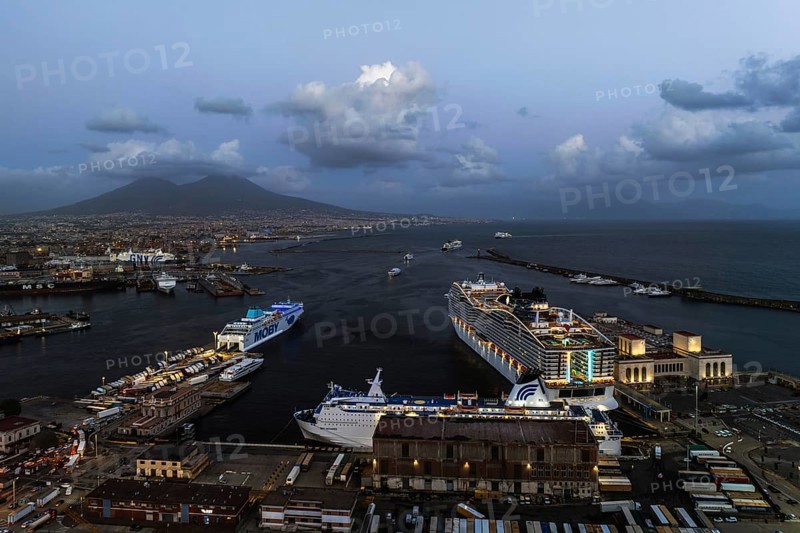 Naples Ferry Terminal at night from a drone, Molo Immacolatella Vecchia, Naples, Campania, Italy, Europe