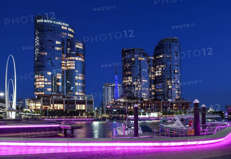 Skyline at Elisabeth Quay, blue hour, blue hour, harbour, Perth, State of Western Australia, Australia, Oceania