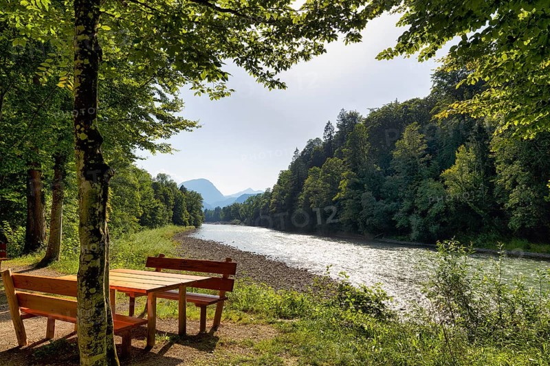 River landscape with picnic area on the Saalachtal cycle path, Saalach, Piding, Germany, Europe