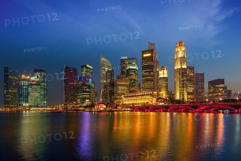 Singapore skyline and Marina Bay in evening