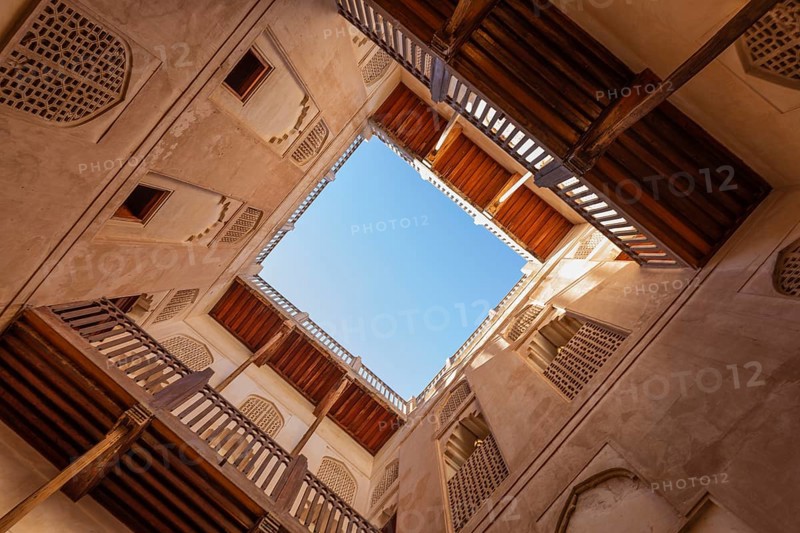 Inner courtyard of the Jabrin palace fortress, view upwards, Jabrin, near the town of Bahla, Arabian Peninsula, Sultanate of Oman