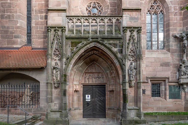 Main entrance portal of St Nicholas and St Ulrich Church, nave built around 1400, Kirchenberg 15, Nuremberg-Mögeldorf, Middle Franconia, Bavaria, Germany, Europe