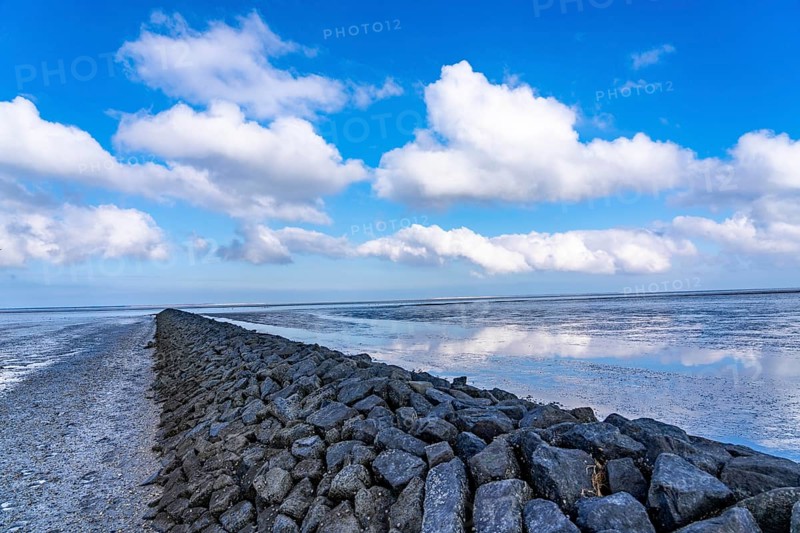 The Wadden Sea, East Frisia, between Bensersiel and Neuharlingersiel, Breakwater behind the dyke, Lower Saxony, Stairs, Germany, Europe