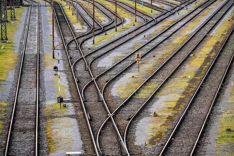 Track systems, shunting tracks, sidings, branches, the Mülheim-Styrum marshalling yard, on the railway line between Mülheim an der Ruhr and Duisburg, railway line, for local and long-distance traffic, freight traffic, North Rhine-Westphalia, Germany, Europe