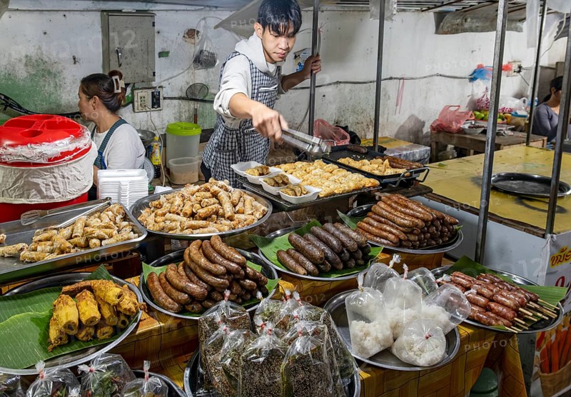 Food stall at Luang Prabang night market, Laos, Asia