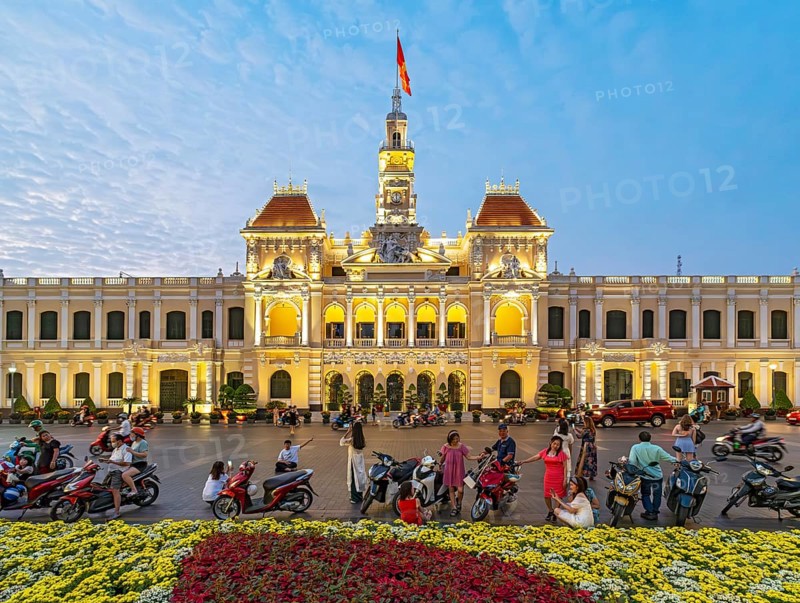 Ho Chi Minh City Hall lit up at night, Saigon, Vietnam, Asia
