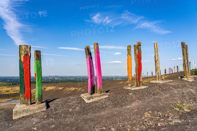 The Haniel spoil tip, 185 metre high spoil tip at the Prosper Haniel mine, which was closed in 2019, artwork Totems by the sculptor Augustin Ibarrola, Bottrop, Germany, Europe