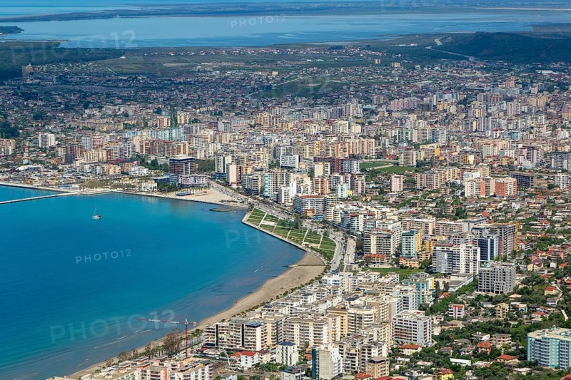 Oblique aerial view of city of Vlore, Albania, Europe