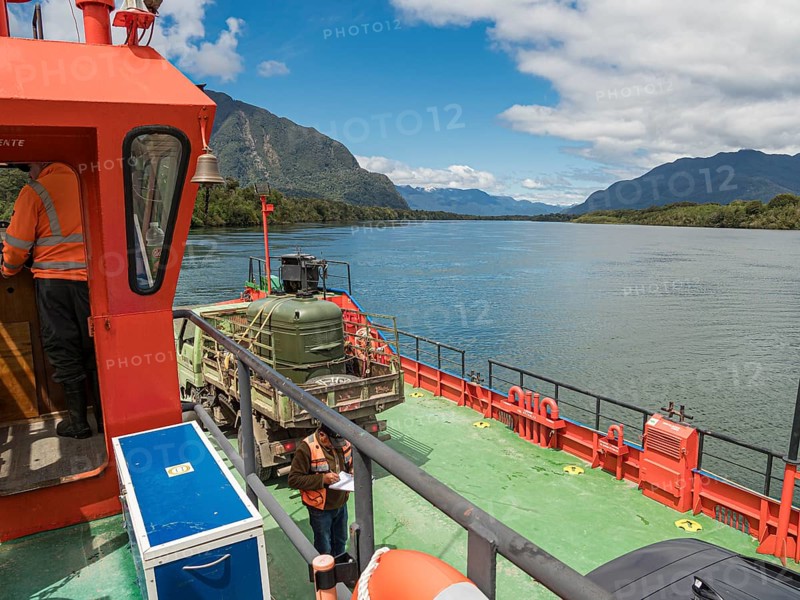 On ferry crossing the river Rio Palena, connecting the road to Puerto Raul Marin Balmaceda, Patagonia, Chile, South America