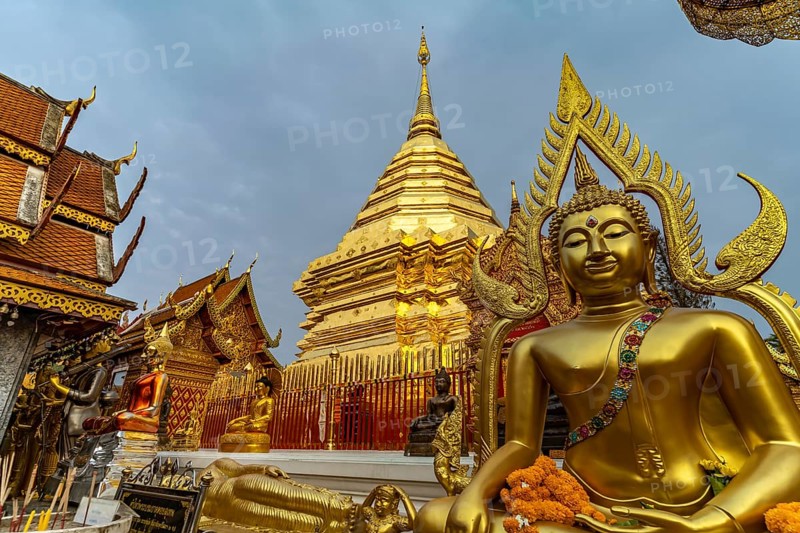 Buddha statue and Golden Chedi of the Buddhist temple complex Wat Phra That Doi Suthep, landmark of Chiang Mai, Thailand, Asia