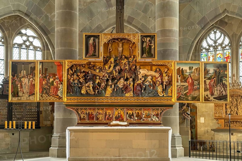 High altar Passion and Resurrection of Jesus in the Protestant parish church of St Michael, Schwäbisch Hall, Baden-Württemberg, Germany, Europe