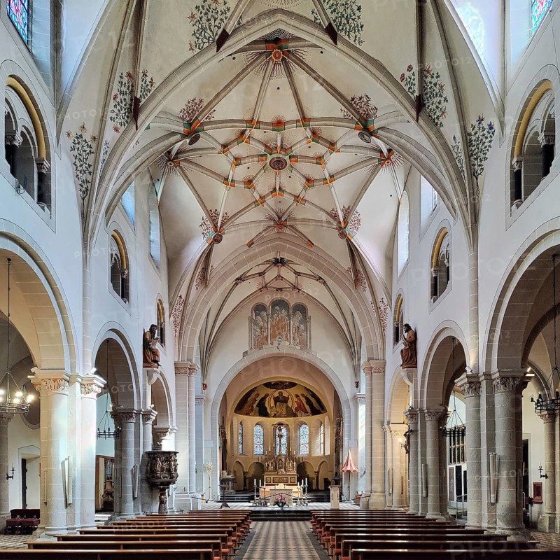 Interior facing east with unstructured half-dome above the apse, St Castor's Basilica, Kastor Church, Koblenz, Rhineland-Palatinate, Germany, Europe