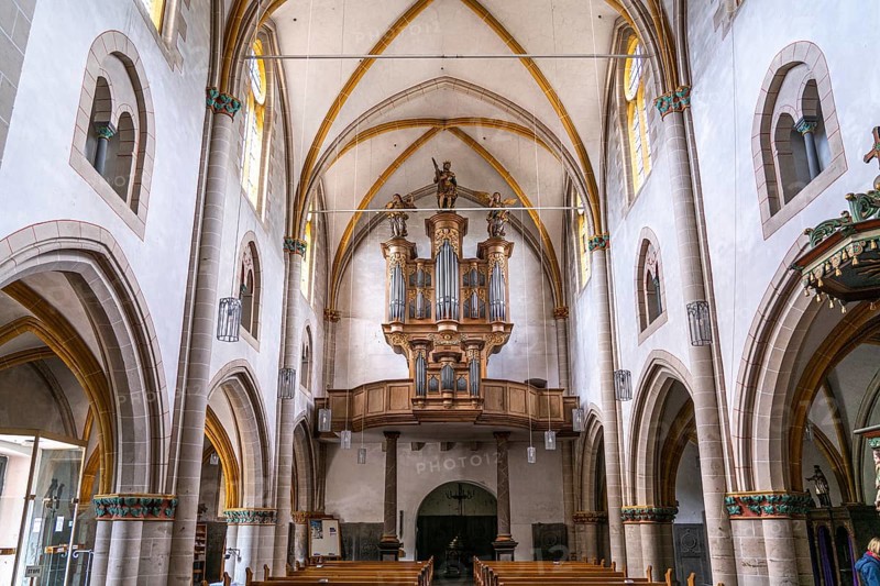 Baroque organ by organ builder Johann Michael Stumm in the interior of the collegiate church of St Castor in Karden, Treis-Karden, Rhineland-Palatinate, Germany, Europe