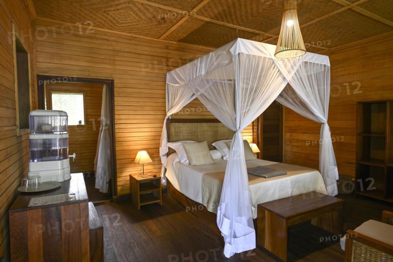 Chalet at Doli Lodge, interior view, Bayanga, Sangha-Mbaéré Prefecture, Central African Republic, Africa