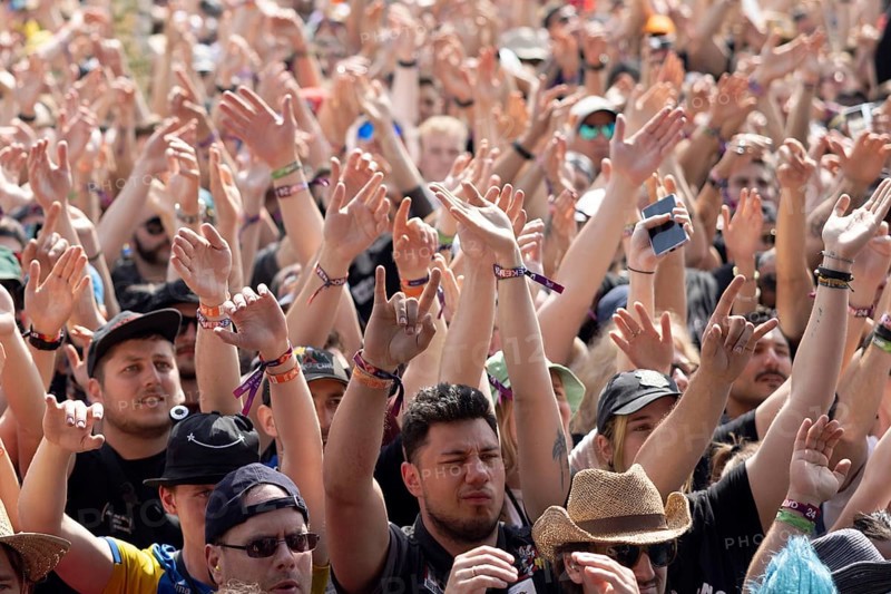 Adenau, Germany, 7 June 2024: Fans listen to Royal Blood at Rock am Ring. The festival takes place at the Nürburgring race track near the town of Adenau from 7 to 9 June 2024, Europe