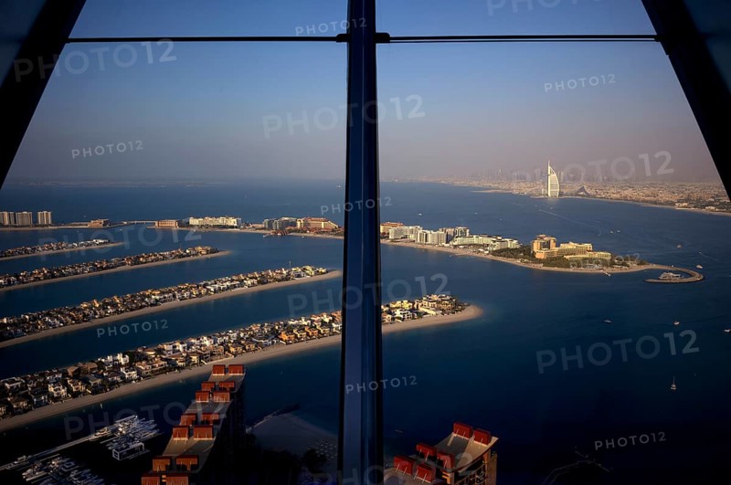 View from The View At the Palm, on Hotel Burj al Arab, Burj Khalifa, Downtown, Palm Jumeirah, Dubai, United Arab Emirates, VAR, Asia