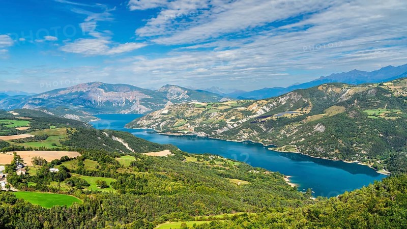 France, French Maritime Alps, region Provence-Alpes-Côte d'Azur, Département Haute Alpes, lake Serre-Poncon, Champs, travel landscape nature Alps, Europe