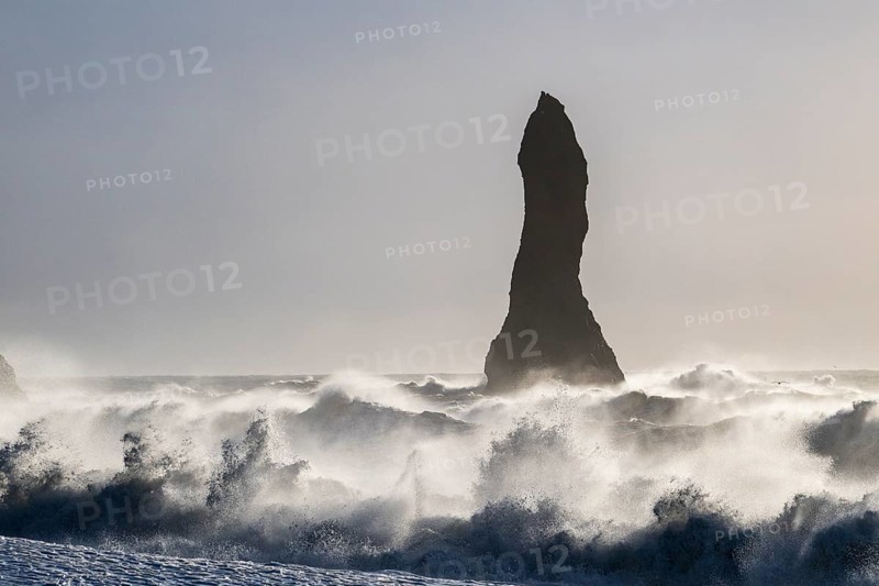 Rock needle in stormy surf, Vík í Mýrdal, Suðurland, Iceland, Europe