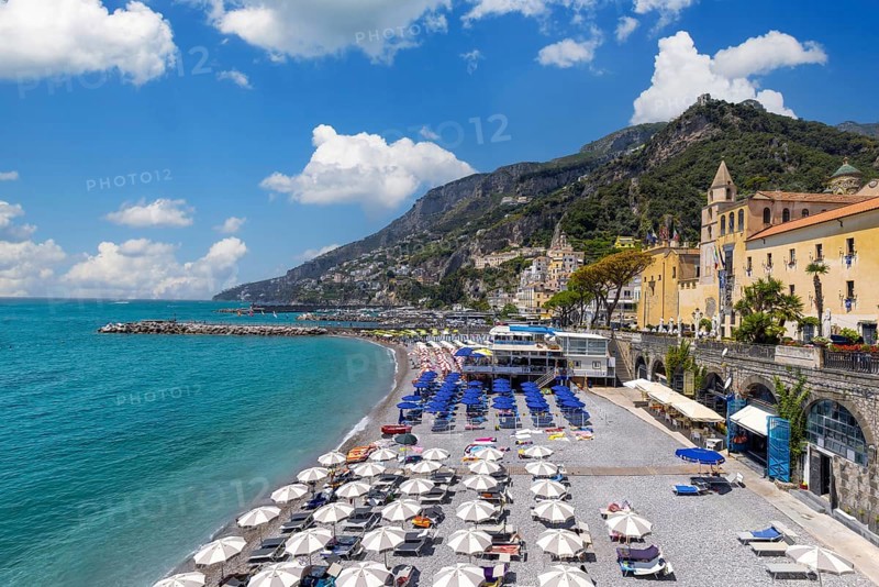 Italy, Amalfi town colorful architecture and Campania Amalfi coast landscapes, Europe