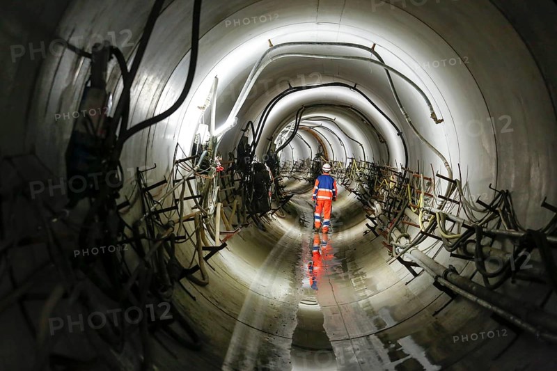 Theme photo Emscher conversion, the Emscher system will be sewage-free in 2021 - new construction of a sewer on the Boye, the second largest tributary of the Emscher, a tunneller goes through the DN 3500 tunnel, the Boye is being renaturalised, is being transformed into a near-natural body of water, was previously an open, The ecological conversion of the Emscher system consists of the construction of a central wastewater treatment system in the Ruhr area, the construction of sewers and the renaturalisation of the Emscher and its tributaries, archive photo from 13.11.2014, Bottrop, Ruhr area, North Rhine-Westphalia, Germany, Europe