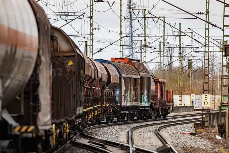 Goods train travelling on the winding Schuster Railway, overhead lines and infrastructure. Stuttgart, Baden-Württemberg, Germany, Europe