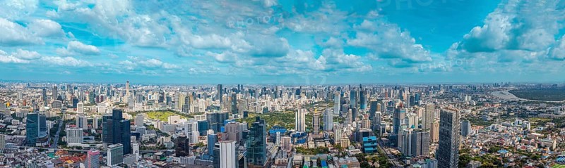 Panoramic view of Bangkok skyline downtown in business financial center from King Power Mahanakhon