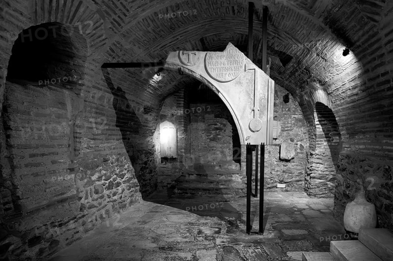 Interior view of the crypt, remains of the Roman baths, Church of Hagios Demetrios, also known as Agios Dimtrios or Demetrios Basilica, Thessaloniki, Macedonia, black and white, Greece, Europe